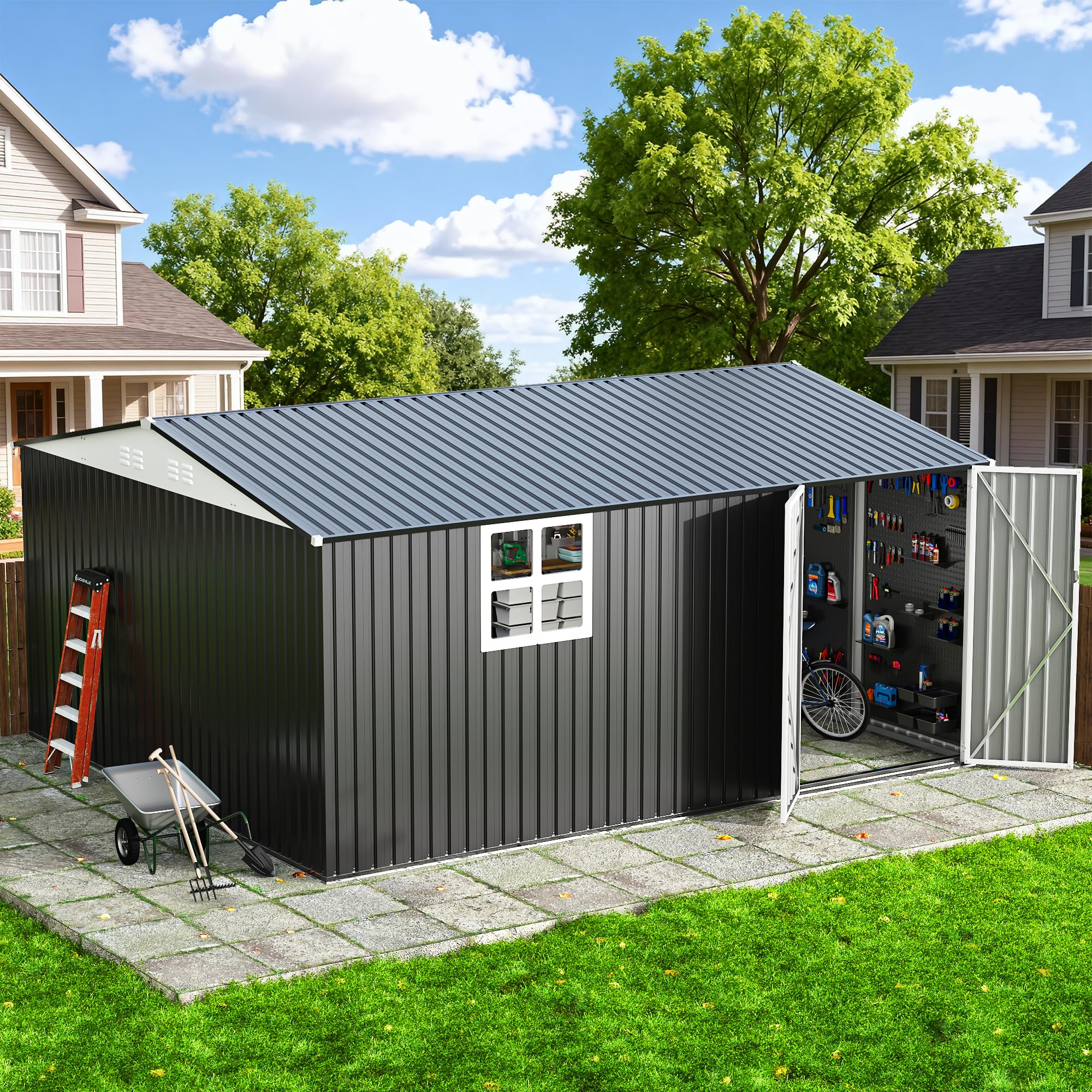 VIWAT 10x12~12x14フィート 屋外金属製物置小屋 窓付き ロック可能なガーデンツール小屋 高耐久フレーム 裏庭パティオ ブラック