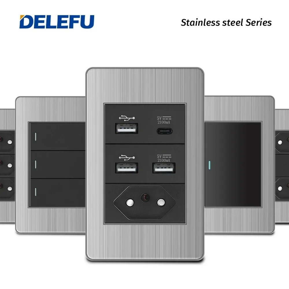 DELEFU ステンレス鋼パネルブラジル標準コンセントダブル USB タイプ C 壁電源ソケットライトスイッチオフィス 4*2 ミリメートル黒 10A 20A
