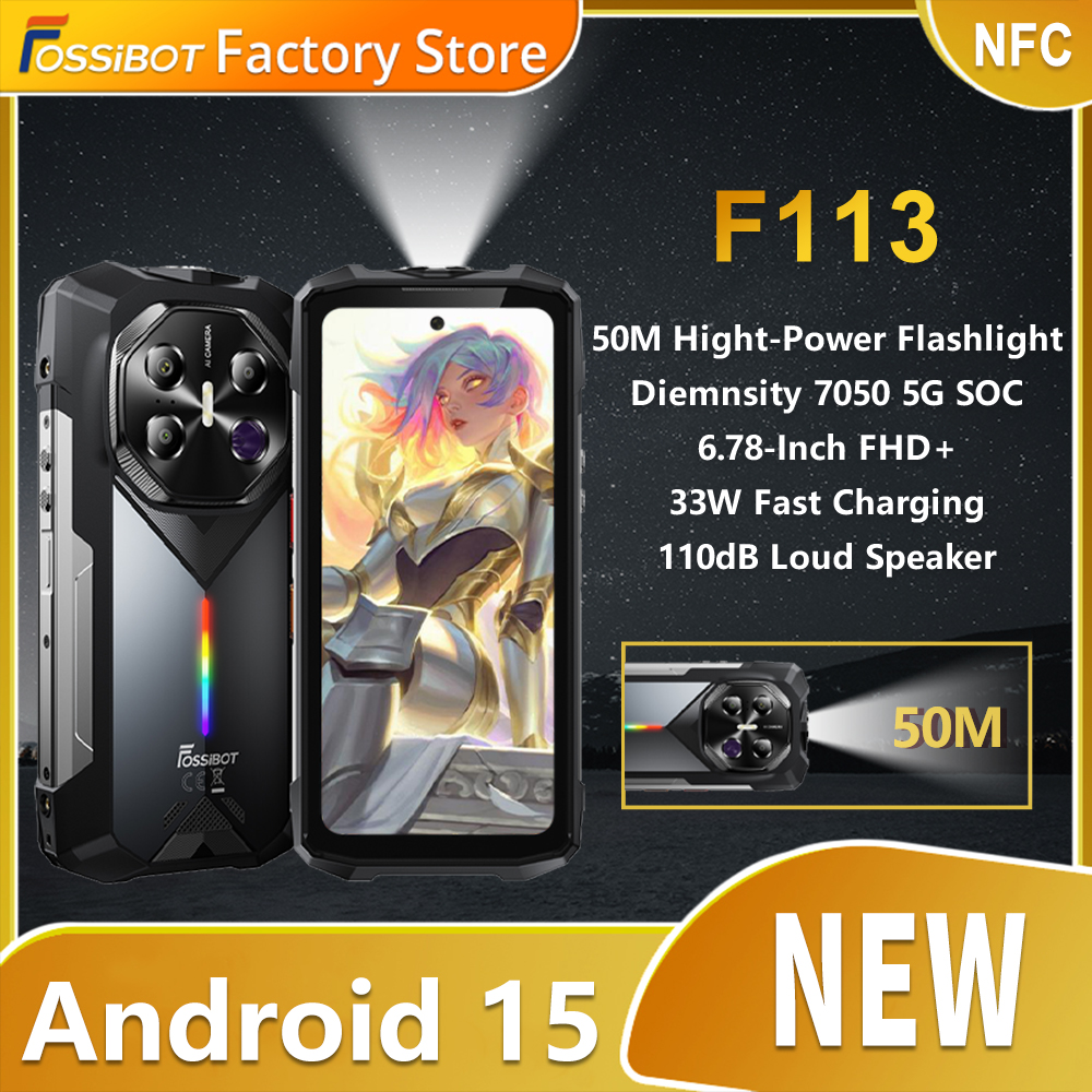 FOSSIBOT F113 5G 頑丈な電話 50M 懐中電灯寸法 7050 5G 110dB スピーカー 12GB 256GB 20000mAh 33W Android 15 スマートフォン