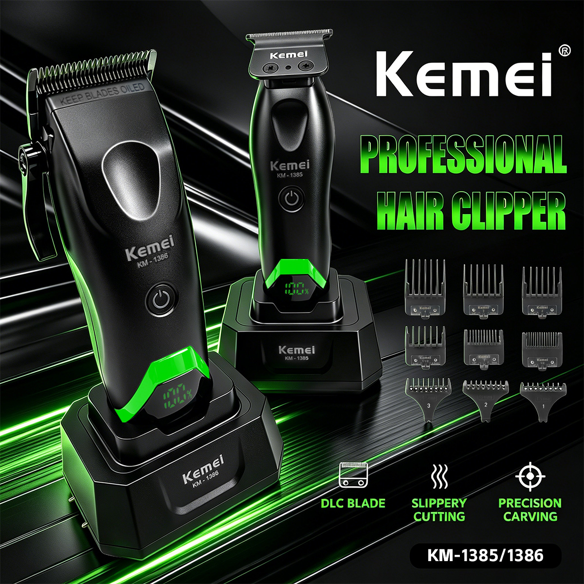 Kemei バリカンプロフェッショナルバリカン調整可能なヘアトリマーヘアケア家電 LED ディスプレイクリッパー男性用 KM-1386 KM-1385