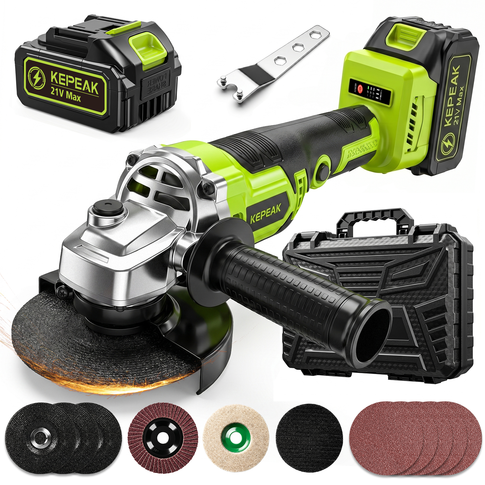 21V Cordless Brushless Angle Grinder 3 Speed 10000RPM Portable Cutting Grinding Polishing Machine With 21V Lithium Battery Fast Charger Hard Storage Box Complete Grinding Discs Set For Metal Wood Ston