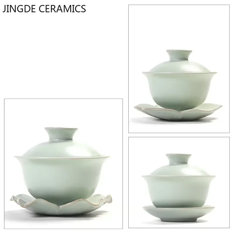 中国スタイル Ru 窯 Sancai Gaiwan アイスクラック釉薬セラミック茶注入器カスタマイズ茶碗磁器カップ蓋付きティーカップ