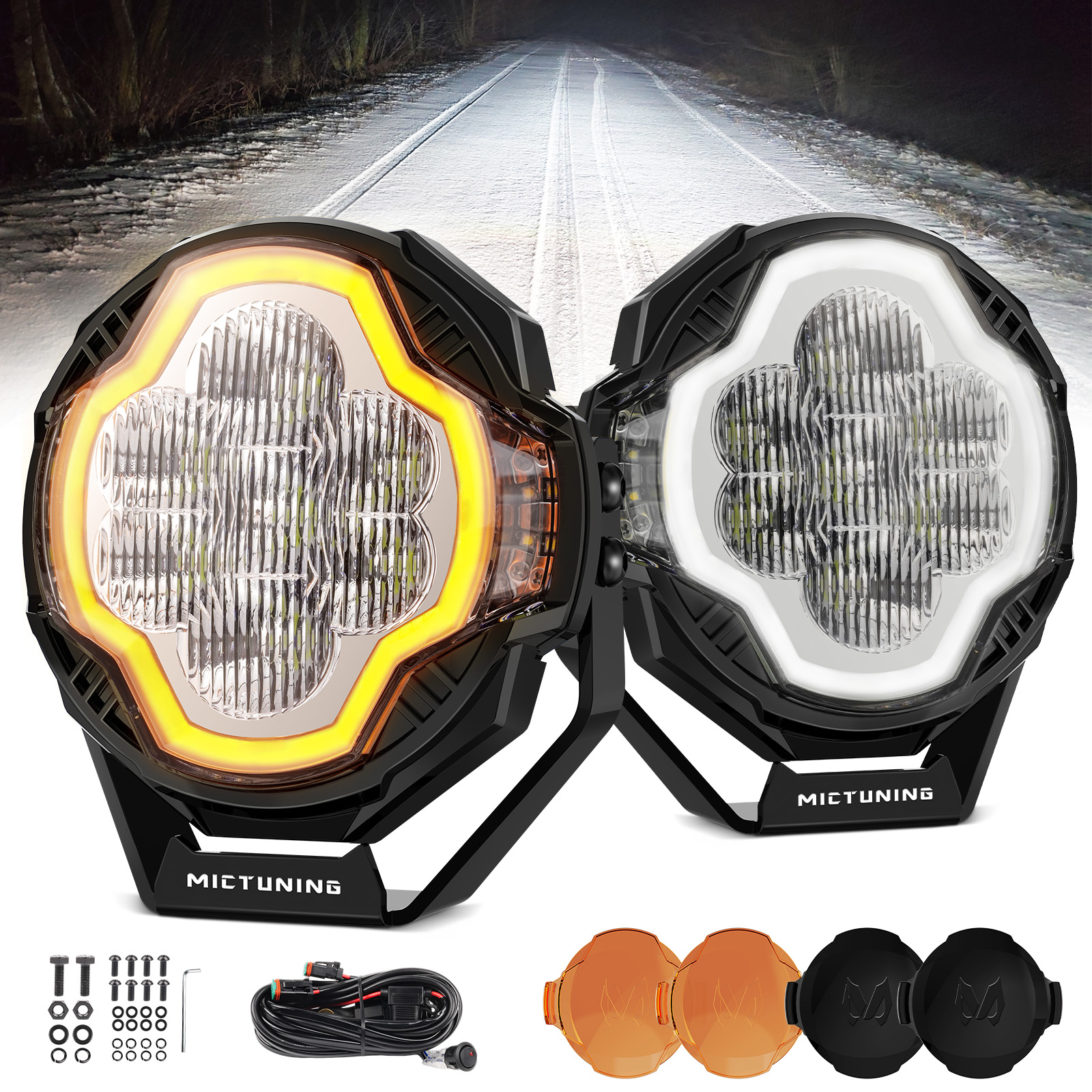 MICTUNING 5 インチ LED ポッドオフロードライト、LED サイドシューター付き 2 個 70W 超高輝度ドライビングライト、Jxxp 用 IP68 防水