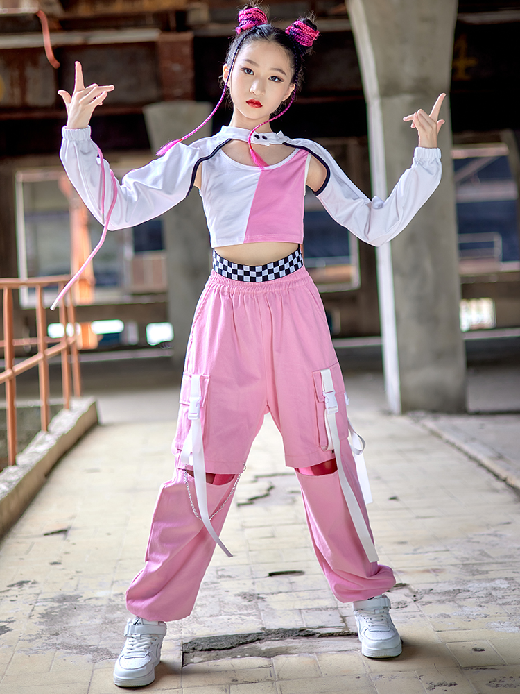 ファッション子供服女の子トップスピンクパンツヒップホップダンス衣装 Kpop 衣装コンサートフェスティバル服レイブストリートウェア BL8637