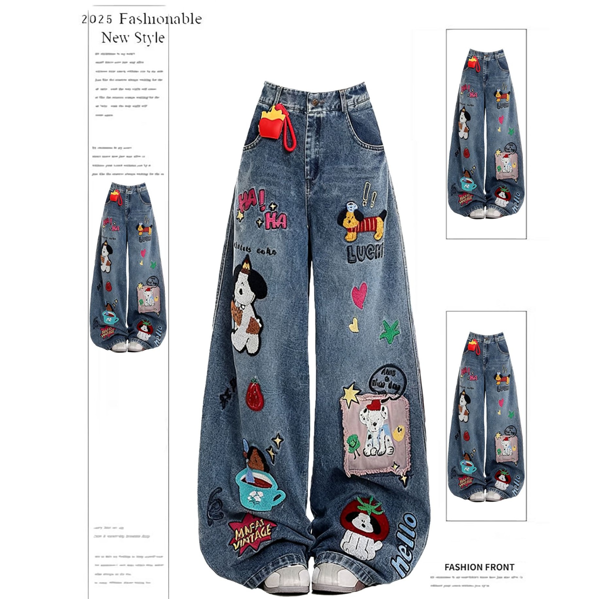 レトロアメリカン漫画フローティング刺繍ジーンズ男性女性クリーンフィット Waed ルーズワイドレッグパンツカップルカジュアルルーズフィット