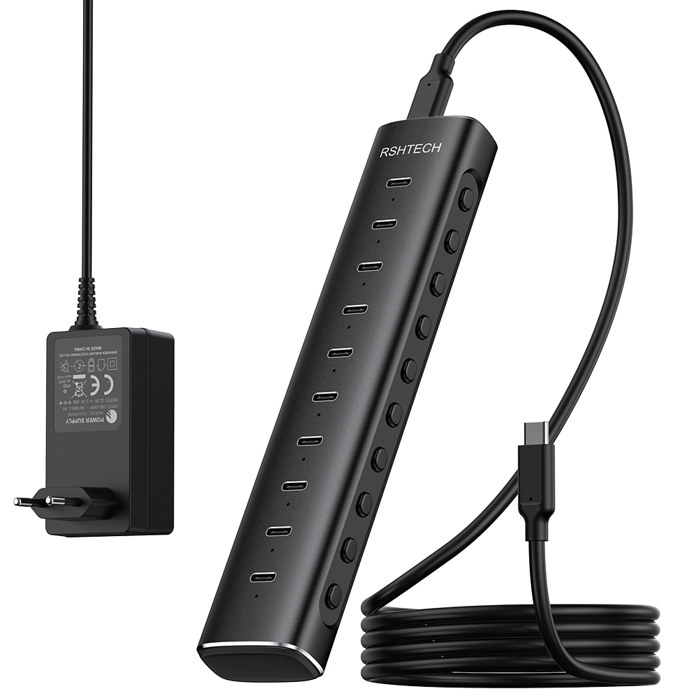 RSHTECH 10 ポート USB 3.2 ハブ Type-C 10Gbps データ ポート スプリッターと 12V/5A 電源アダプター アルミニウム USB エクステンダー デスクトップ ラップトップ用