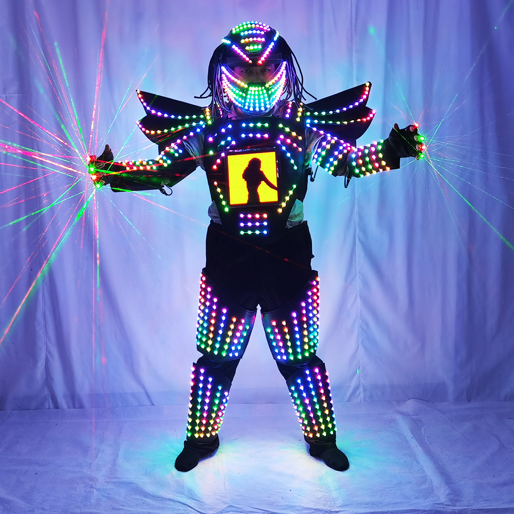 ピクセル LED ロボットスーツ Traje De ロボットフルカラー変更ステージショー歌手パーティーパフォーマンス着用ヘルメットレーザー手袋付き