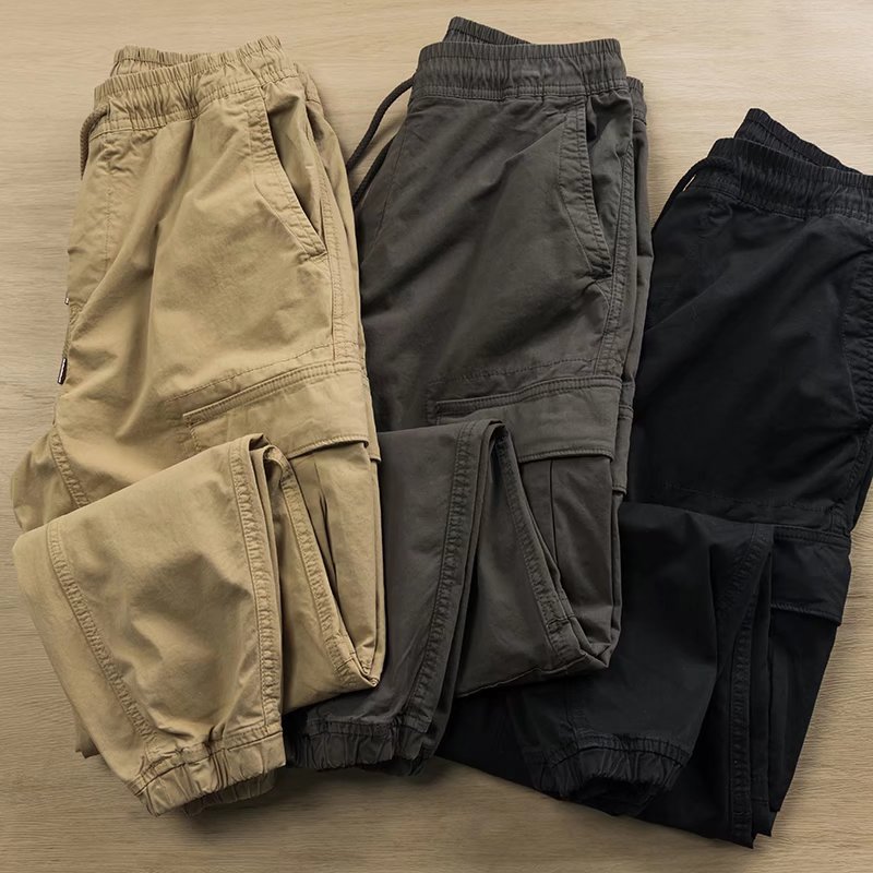 春秋作業服パンツカーゴパンツ若者アクティブスタイルウエストポケット長ズボンカーキ色ファッショナブルなカジュアルパンツ