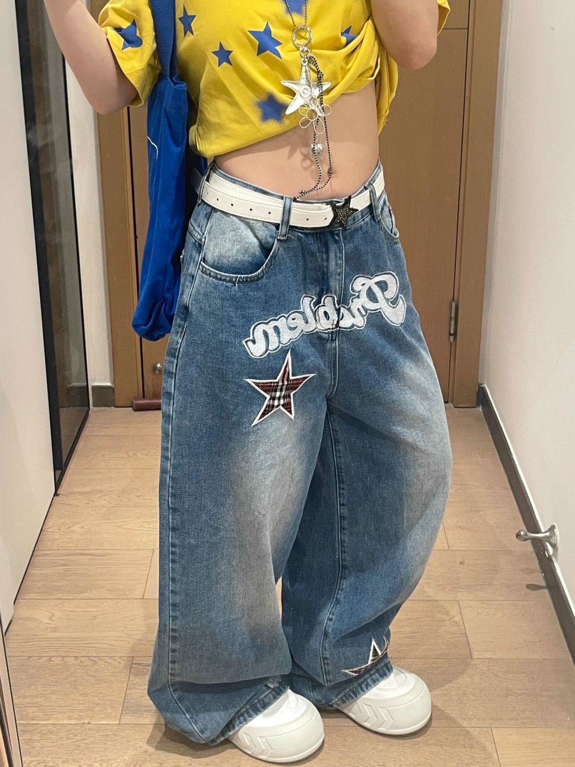 GG レトロアメリカンスパイシーガールスター刺繍ワイドレッグナイフエッジジーンズ女性ルーズスリムストレート床長ズボントレンディ