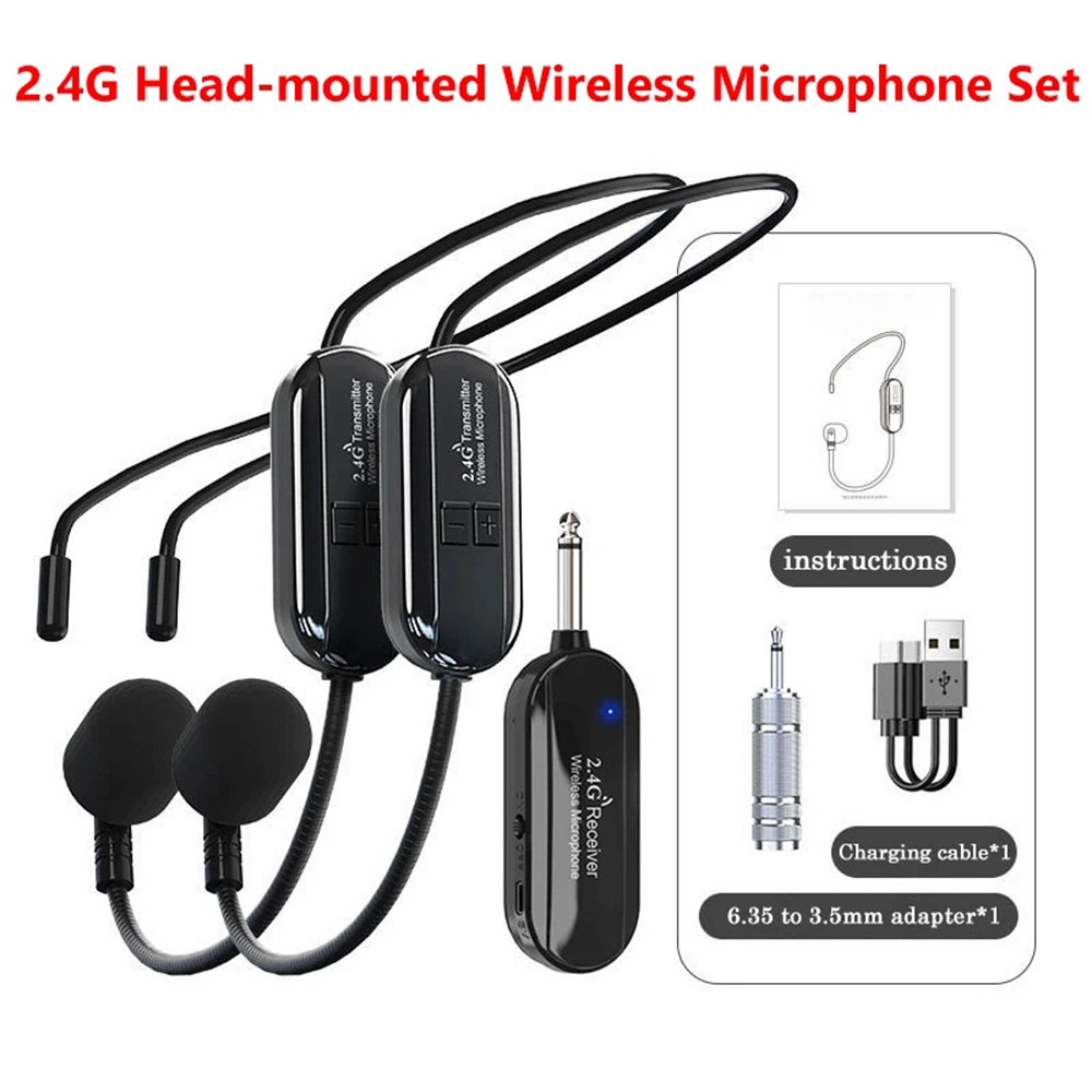 Wireless 2.4G Microphone Head Mounted Wireless Lavalier Set Transmitter Receiver 2 In1 Rechargeable DSP Omnidirectional Teaching