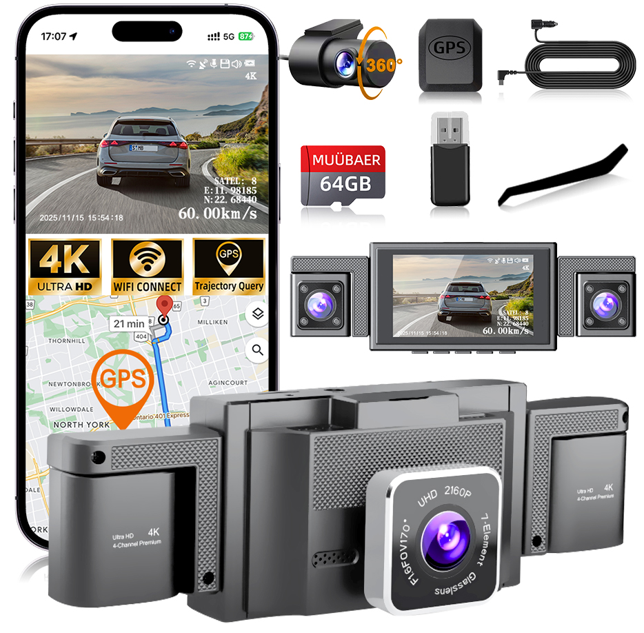 5.8GHz WiFi GPS 付き 4K 360° 4 チャンネル ダッシュ カム | 3 インチ IPS スクリーン、ナイトビジョン、ループ録画 | 64GB カード付属、カーアクセサー