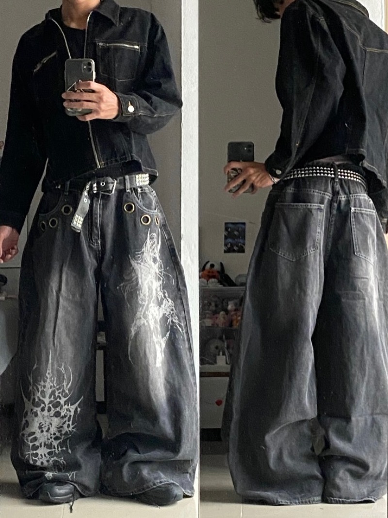 アメリカの新ファッション特大パターンプリントウォッシュジーンズ男性 Y2K ゴシックロック人気カジュアルジョーカーハイウエストワイドレッグパンツ