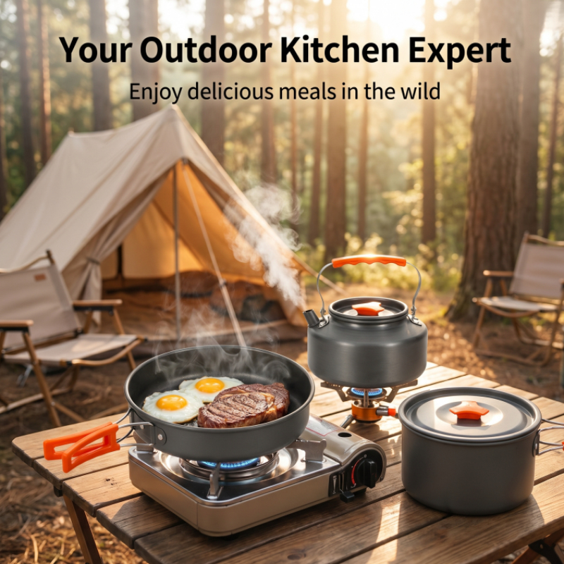 10 個のノンスティックキャンプ調理器具セットポータブル屋外食器キットティーポットとポット付き旅行ピクニックキャンプ屋外