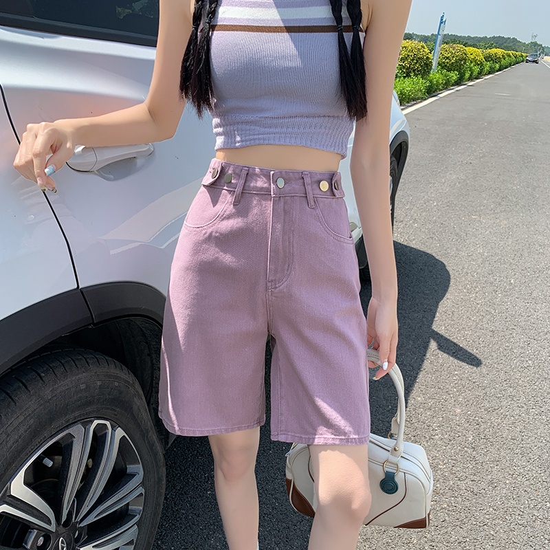 夏の新韓国ファッションルーズ女性ジーンズショーツパープルピンクハイウエストストレートポケット女性ワイドショートパンツ