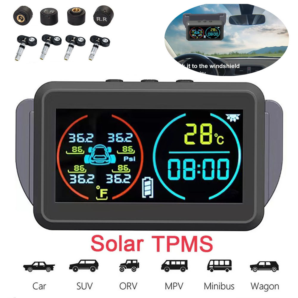Smart Solar Power TPMS Car Tire Pressure Monitoring System Alarm Tyre Air Pressure Meter Gauge Temperature Warning 4 Sensors