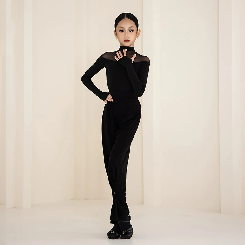 国家標準ダンス服女の子ラテン練習着黒トップスパンツ長袖社交ダンストレーニング衣装セット