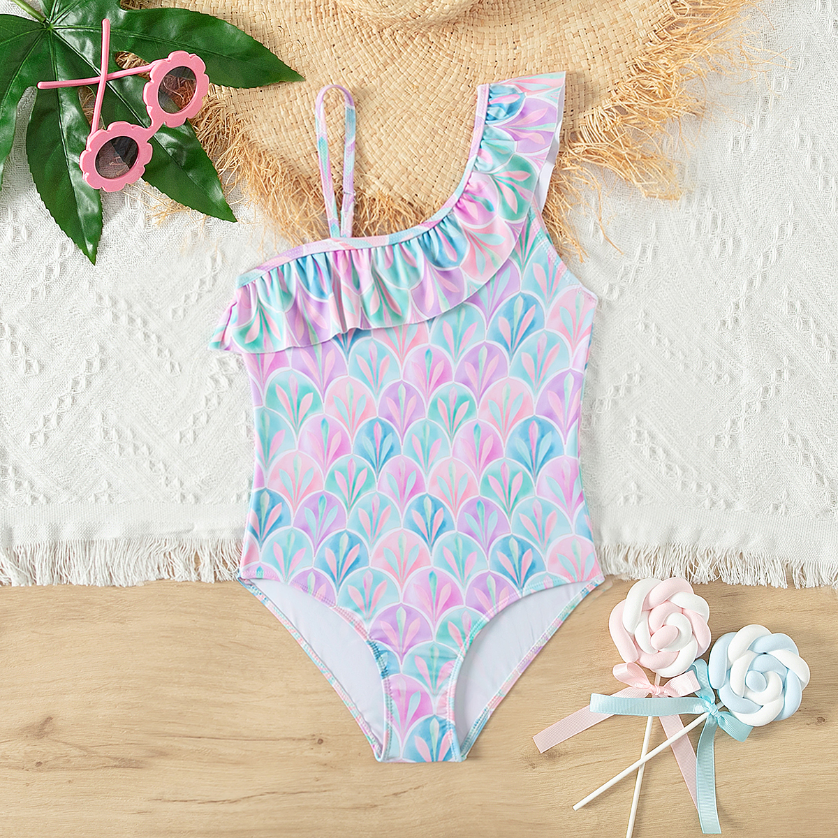 魚柄十代の女の子ワンピース水着シングルショルダーフリルデコ夏の女の子子供水着ビーチ服休暇用