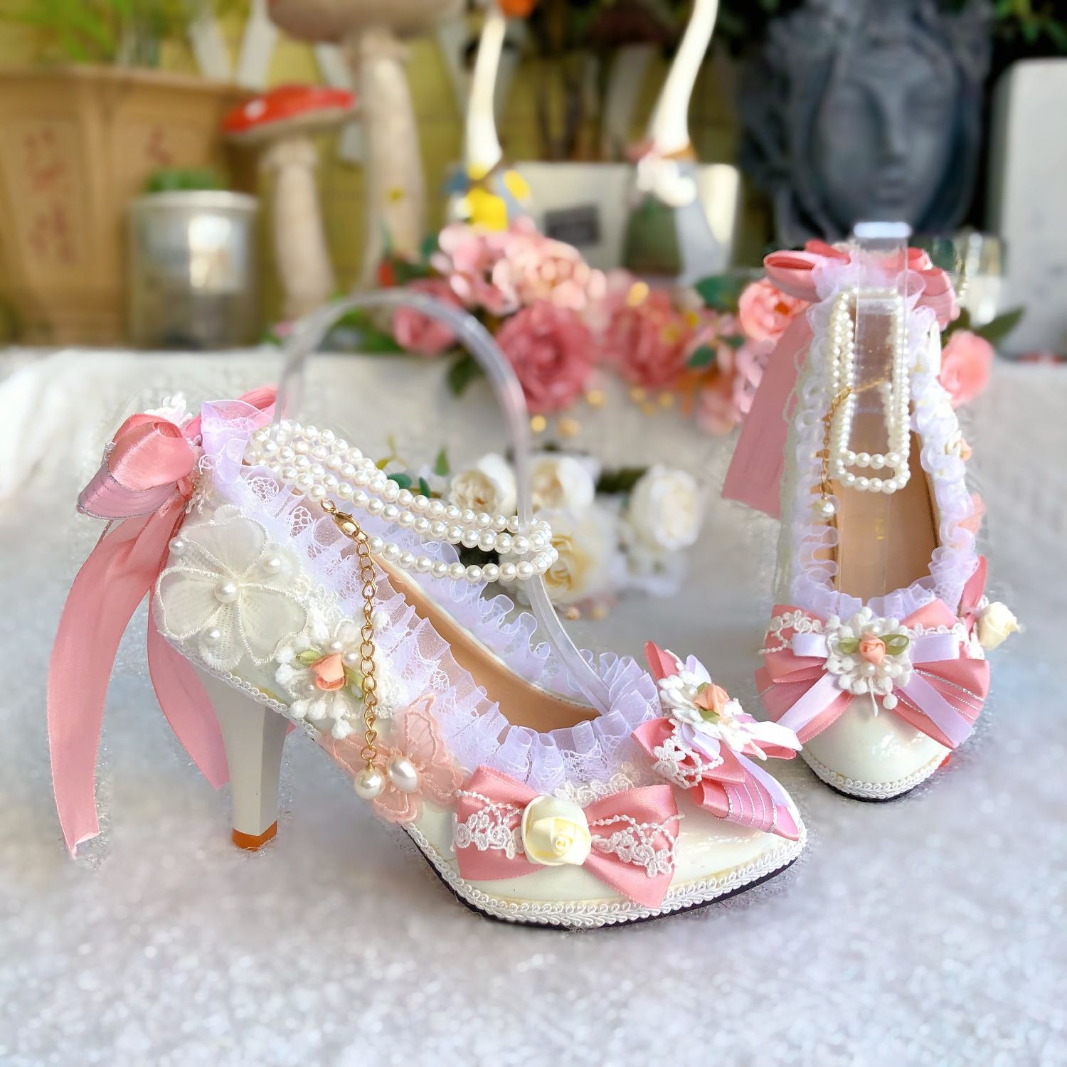 オリジナルロリータプリンセスシューズ手作りフラワーレースパール高級ハイヒール結婚式誕生日エレガント丸頭甘いパンプス