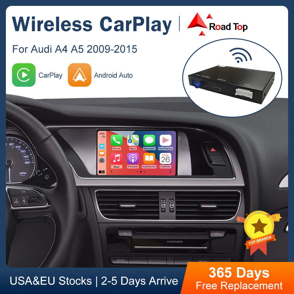 Road Top ワイヤレス CarPlay Android Auto インターフェイス アウディ A4 B8 A5 Q5 2009-2015 用、AirPlay ミラーリンクカープレイ機能付き