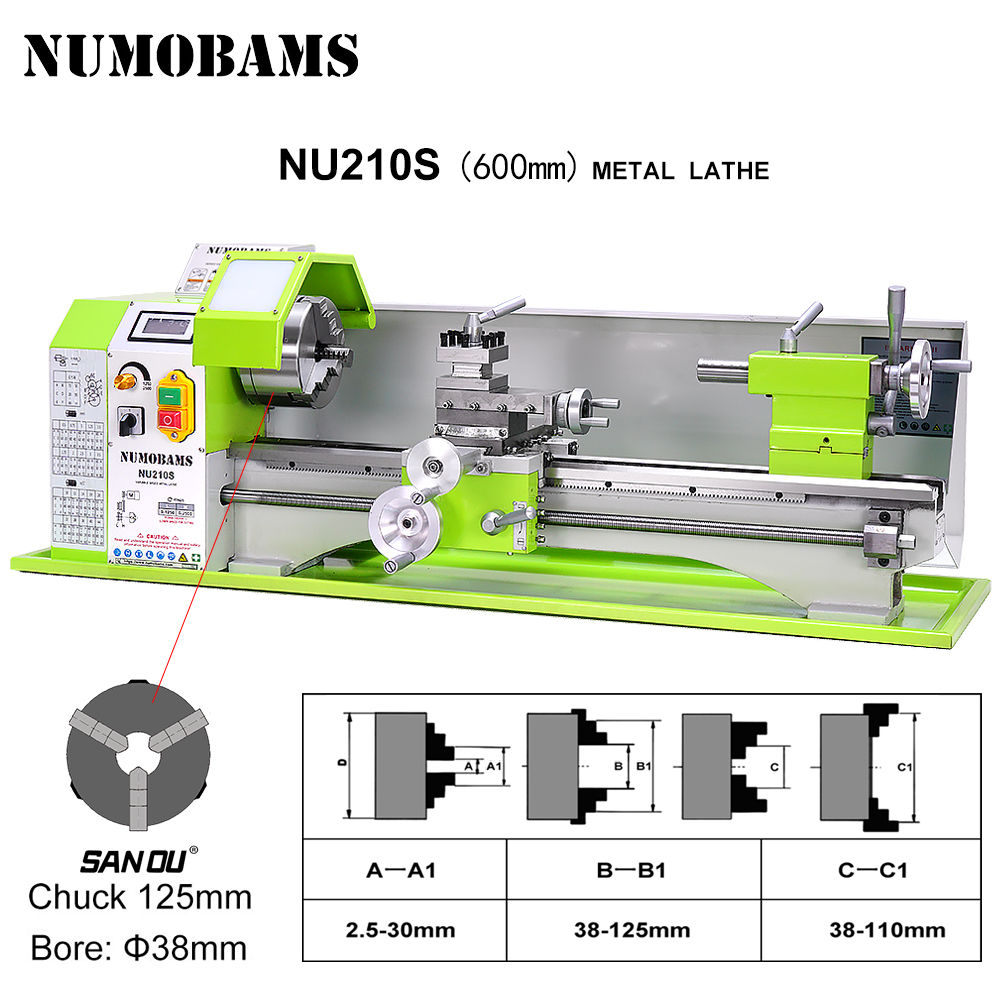 NUMOBAMS NU210X600S 900W ブラシレスモーター MT5スピンドル 作業長600mm 125mmチャック付き ミニ金属旋盤