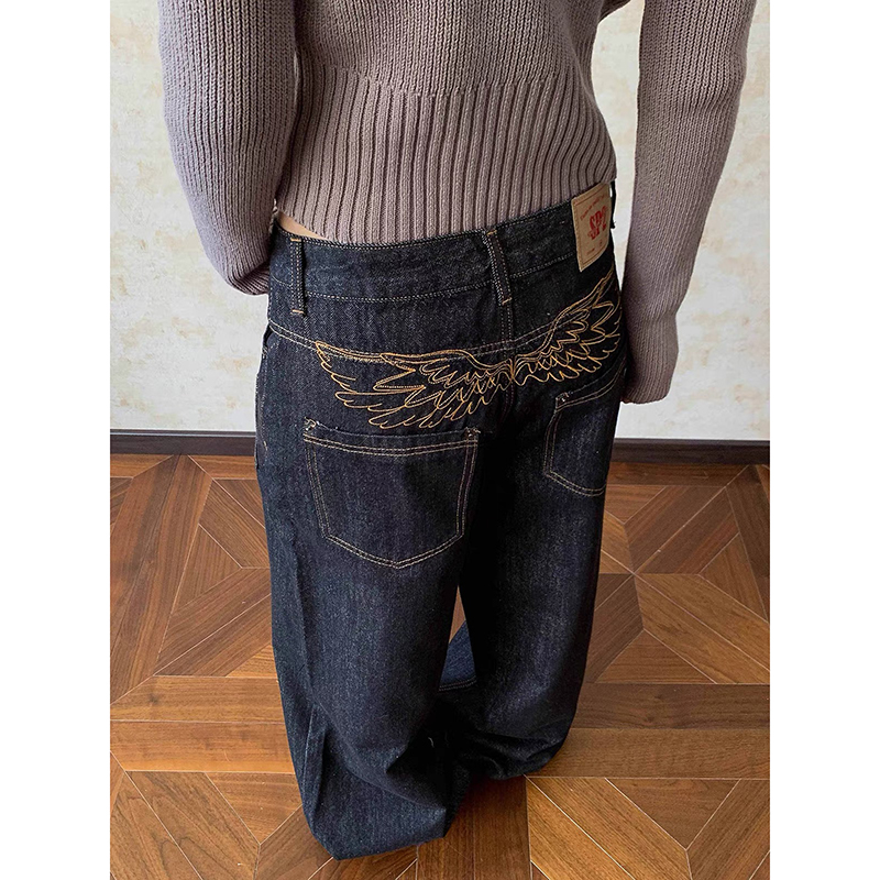 ZHIZOU 女性シックだぶだぶ刺繍ジーンズグランジ日本ローライズ Y2K デニムパンツ 2000 年代美的原宿アビグランジサイバーパンク