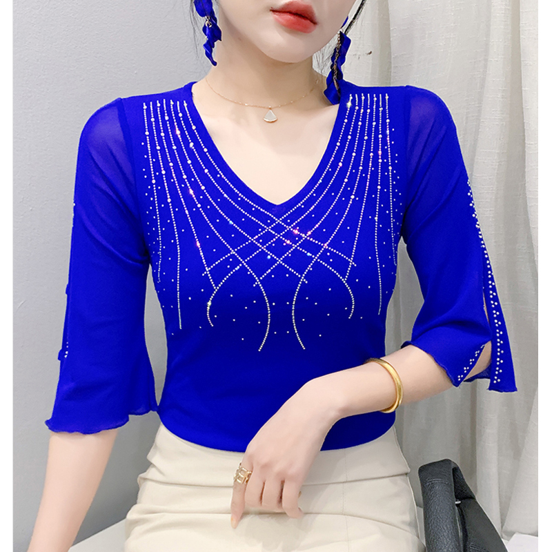 2026 春夏メッシュトップス韓国ファッションダイヤモンド Tシャツスリム 3/4 袖中空アウトカジュアル女性シャツ