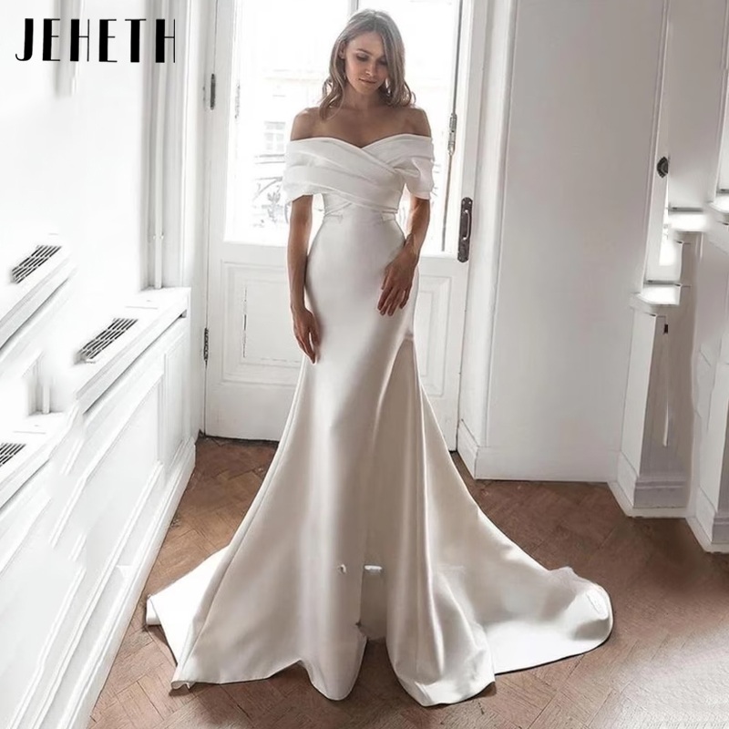 JEHETH Satin Bow Off Shoulder Wedding Dress Women Simple Mermaid Sweetheart Bridal Gown Strapless Pleat Backless Robes De Mariée
