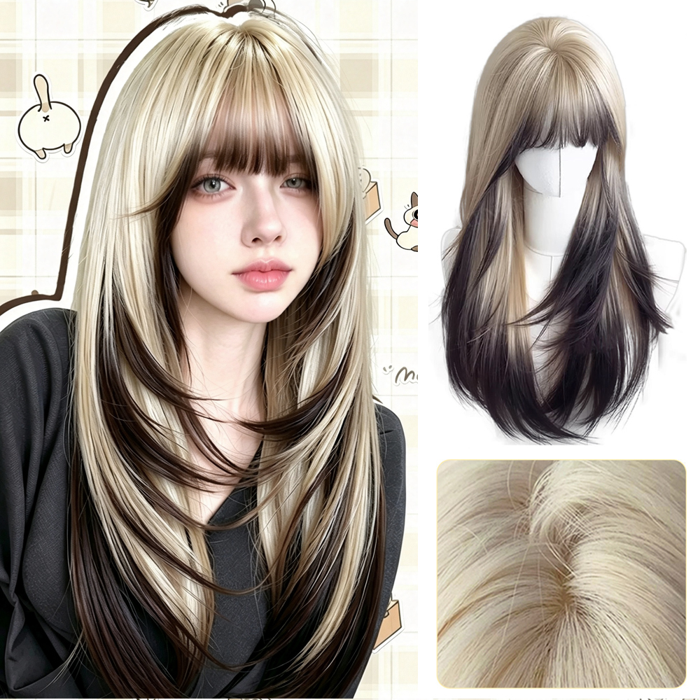 Black gold gradient Synthetic Wig with Bangs Long Straight Hair Natural Layered Wigs for Women Daily Party Wig Heat Resistant