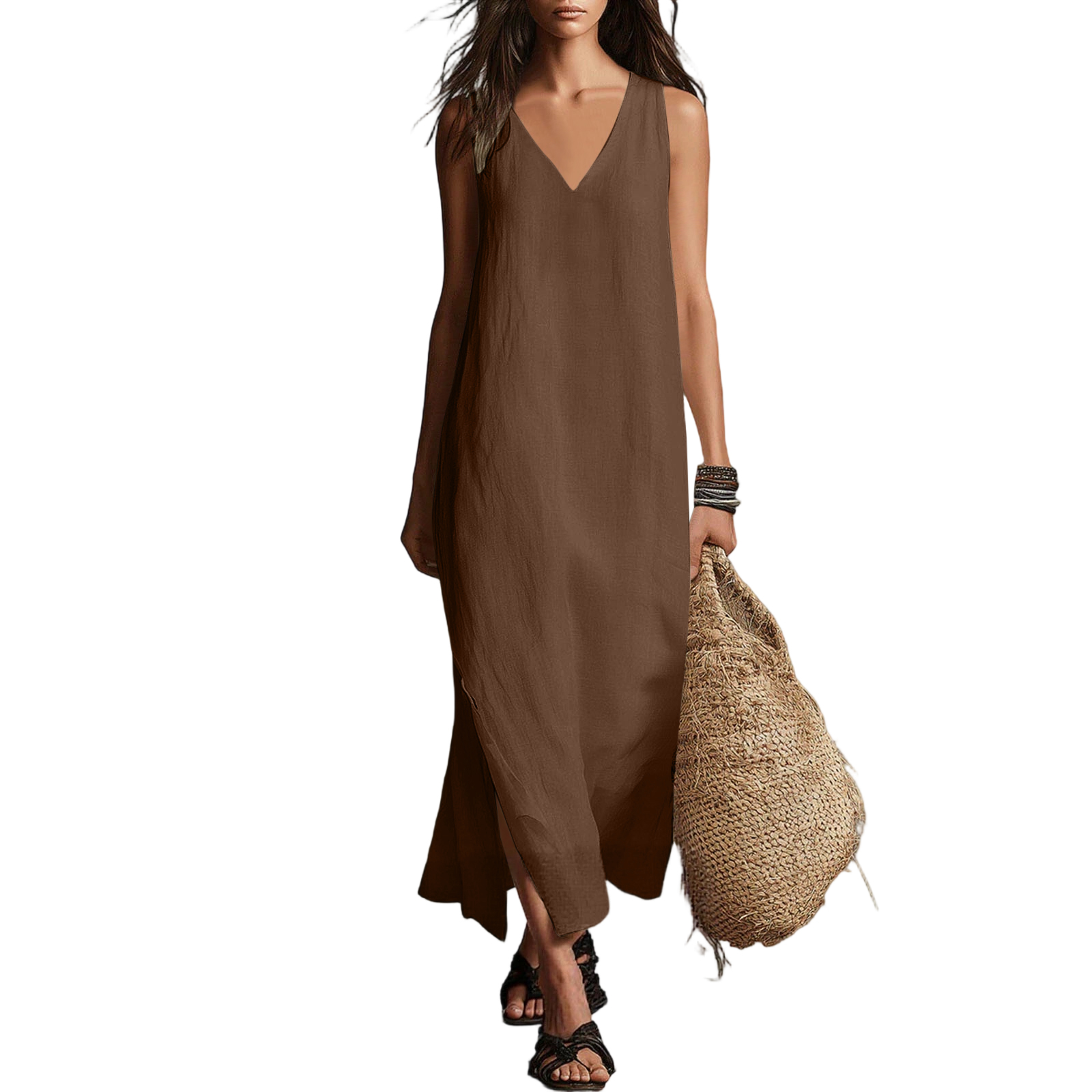 New Cotton Linen Long Dress Women Summer V Neck Sleeveless Lightweight Sundress Beach Party Slit Maxi Dresses Soild Tank Dress