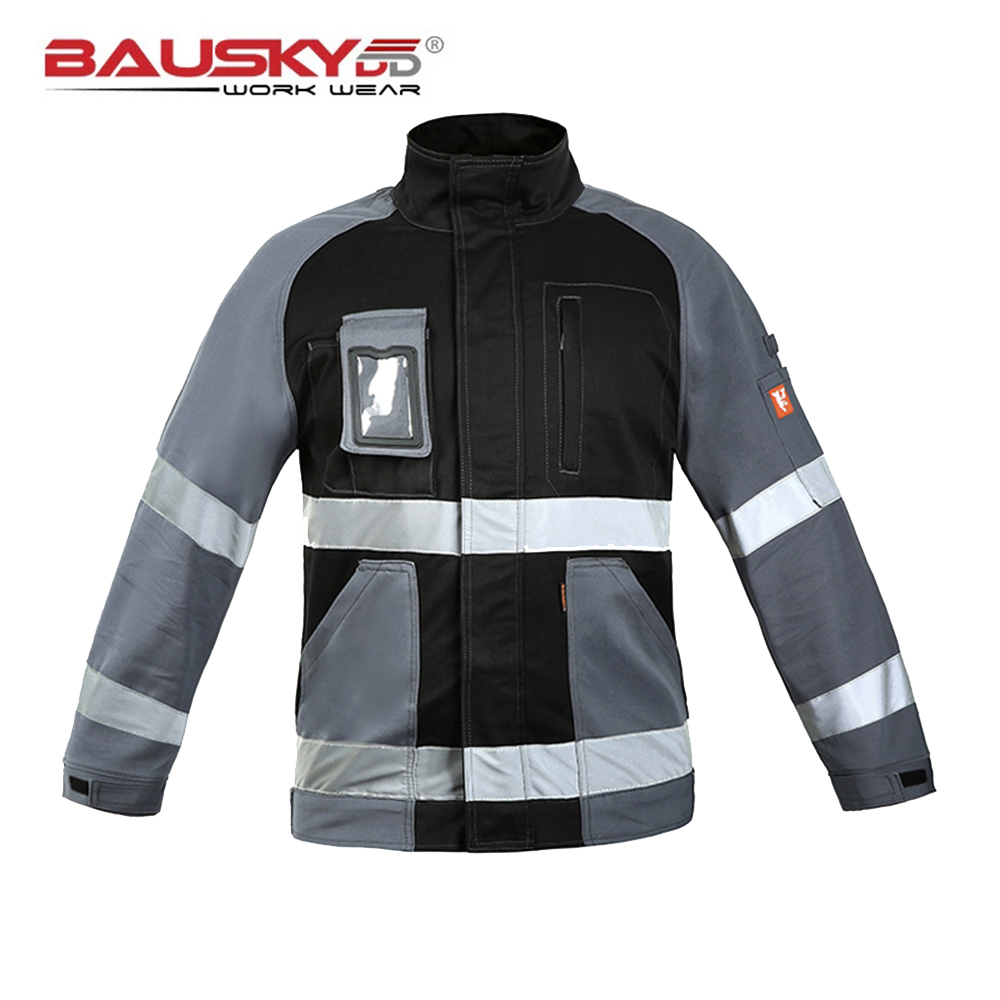綿 100% ワークジャケット反射黒マルチポケット電気技師の服高視認性作業服建設ジャケット
