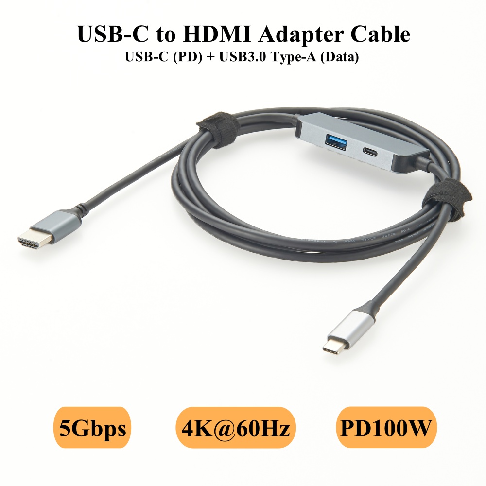 4K60Hz HDMI 3-In-1 USB-C ハブ、100WPD 付き USB Type-C - HDMI マルチポート アダプター ケーブル、ラップトップ、モニター、プロジェクター用 USB3.0 ポート