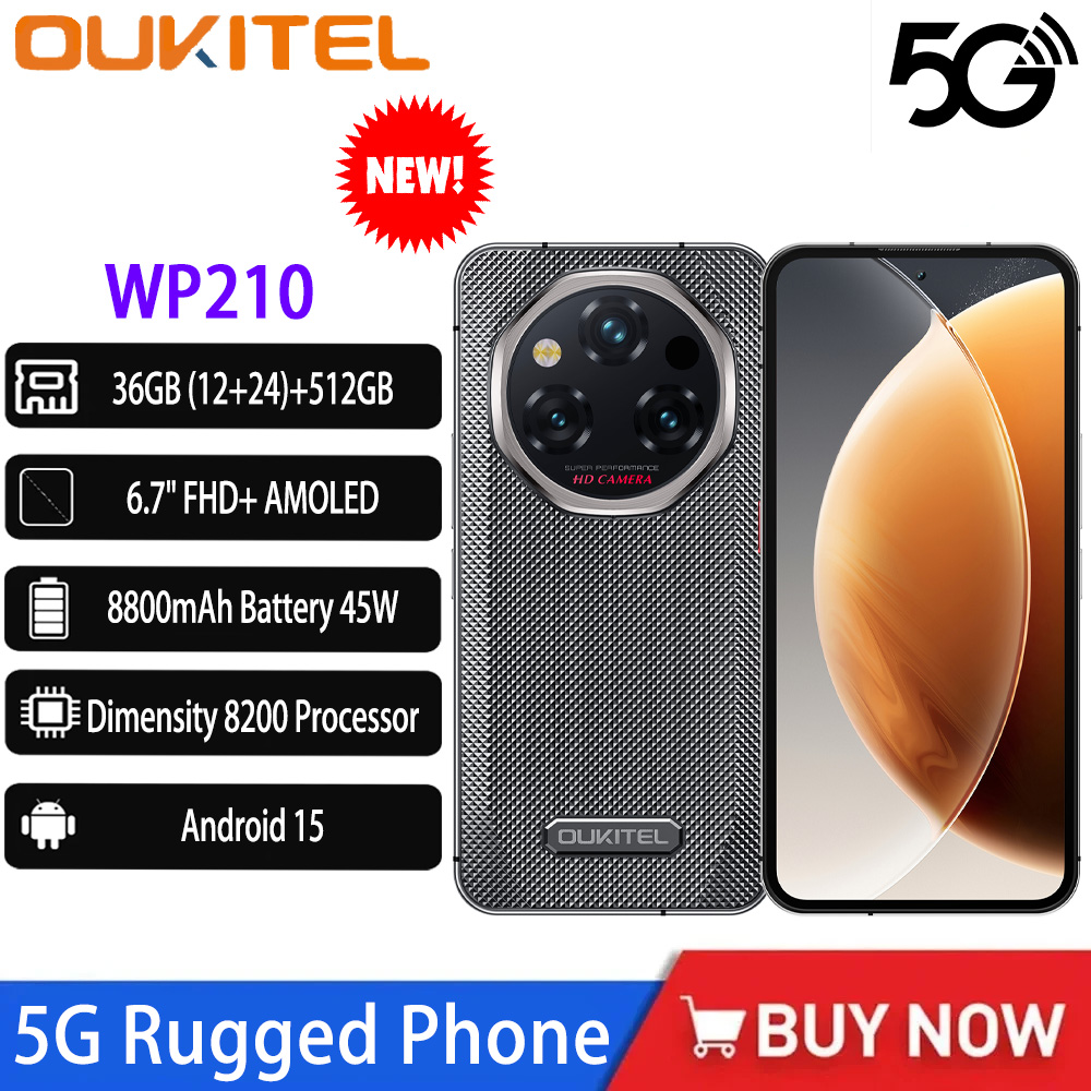 新しい OUKITEL WP210 頑丈な電話 6.7 "MTK Dimensity 8200 NFC 36GB 512GB 8800mAh 45W 108MP Android15 5G WIFI6 120Hz IP68 スマートフォン