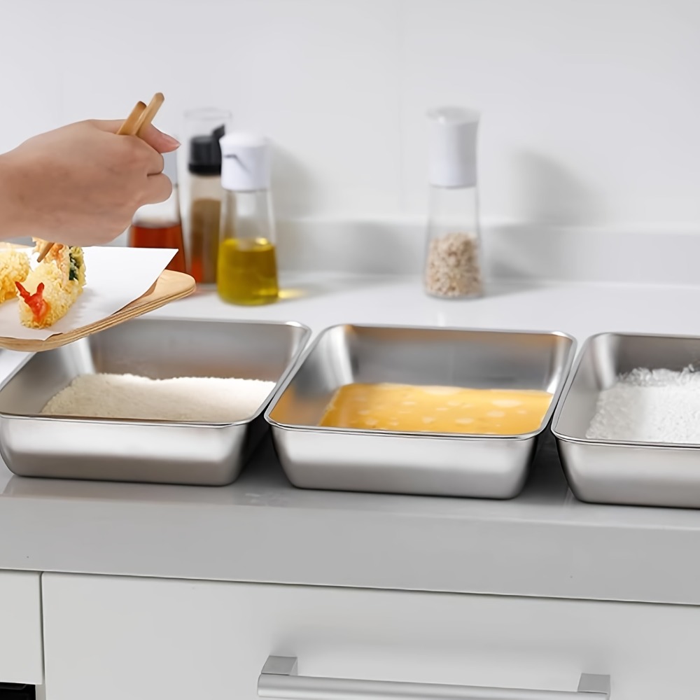 ステンレススチール製パン粉トレイ3点セット、鶏肉、魚肉のコーティング準備用、お手入れ簡単なプロのキッチン用