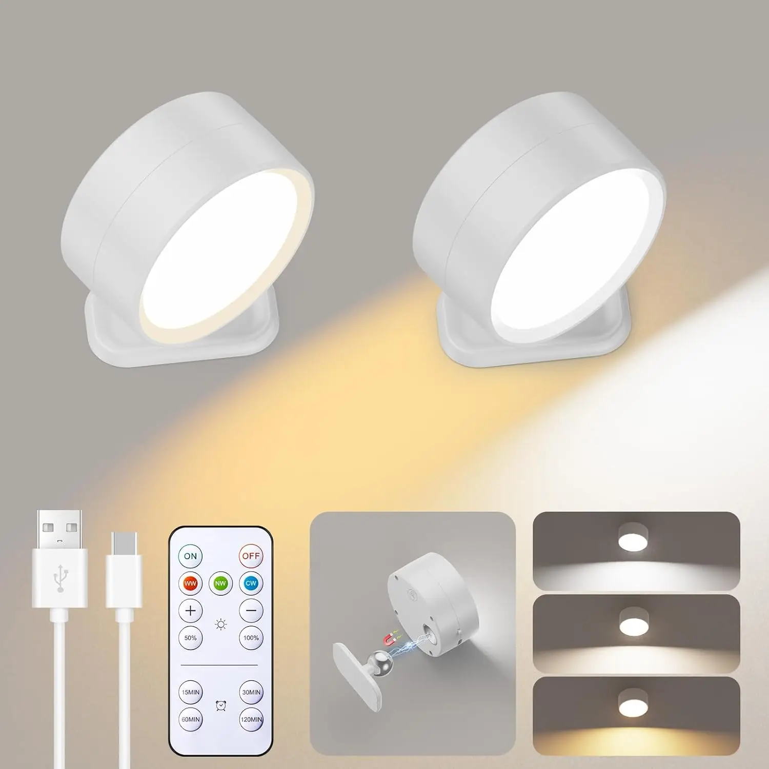 LED磁気壁取り付け用燭台ライト、リモコン付き充電式調光可能壁掛けライト、寝室用360°回転壁掛けランプ