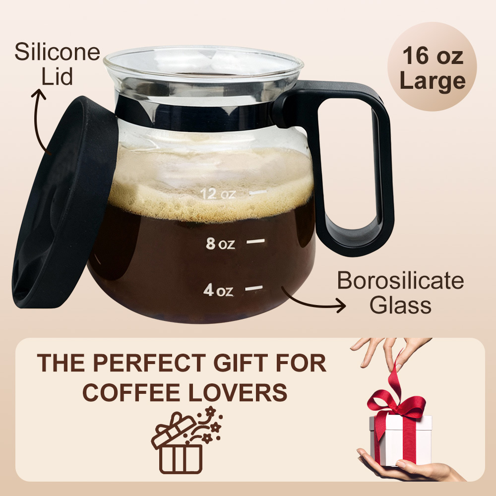 12オンス ホウケイ酸ガラス コーヒーポットカップ シリコン蓋付き 耐熱計量スケール コーヒーカラフェ マグ 漏れ防止 人間工学に基づいたハンドル コーヒーサービングピッチャー コーヒー愛好家へのギフト