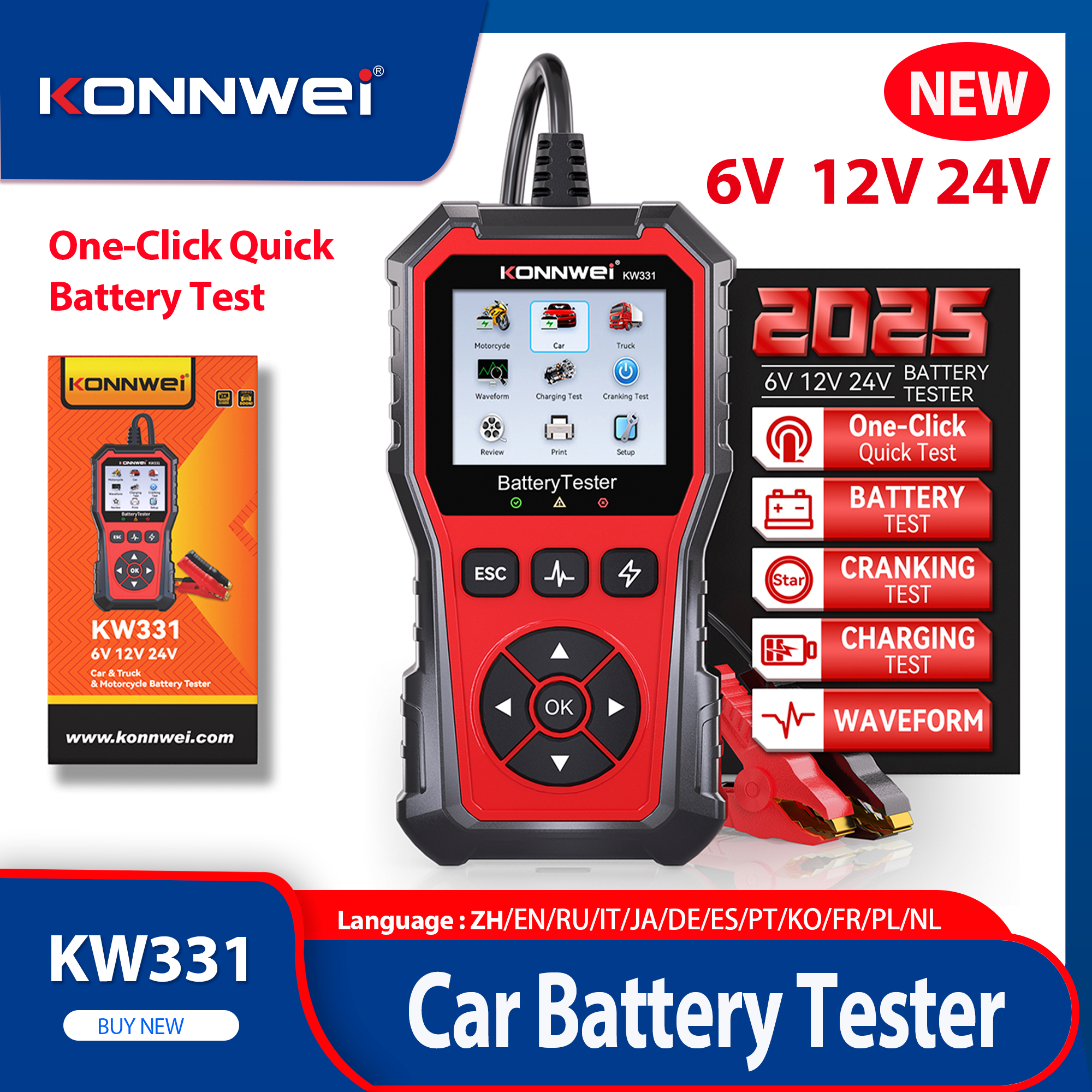 2026 KONNWEI KW331 車のバッテリーテスター 6V-12V-24V 100-2000 CCA クランキング充電回路電圧波形アナライザーバッテリーツール