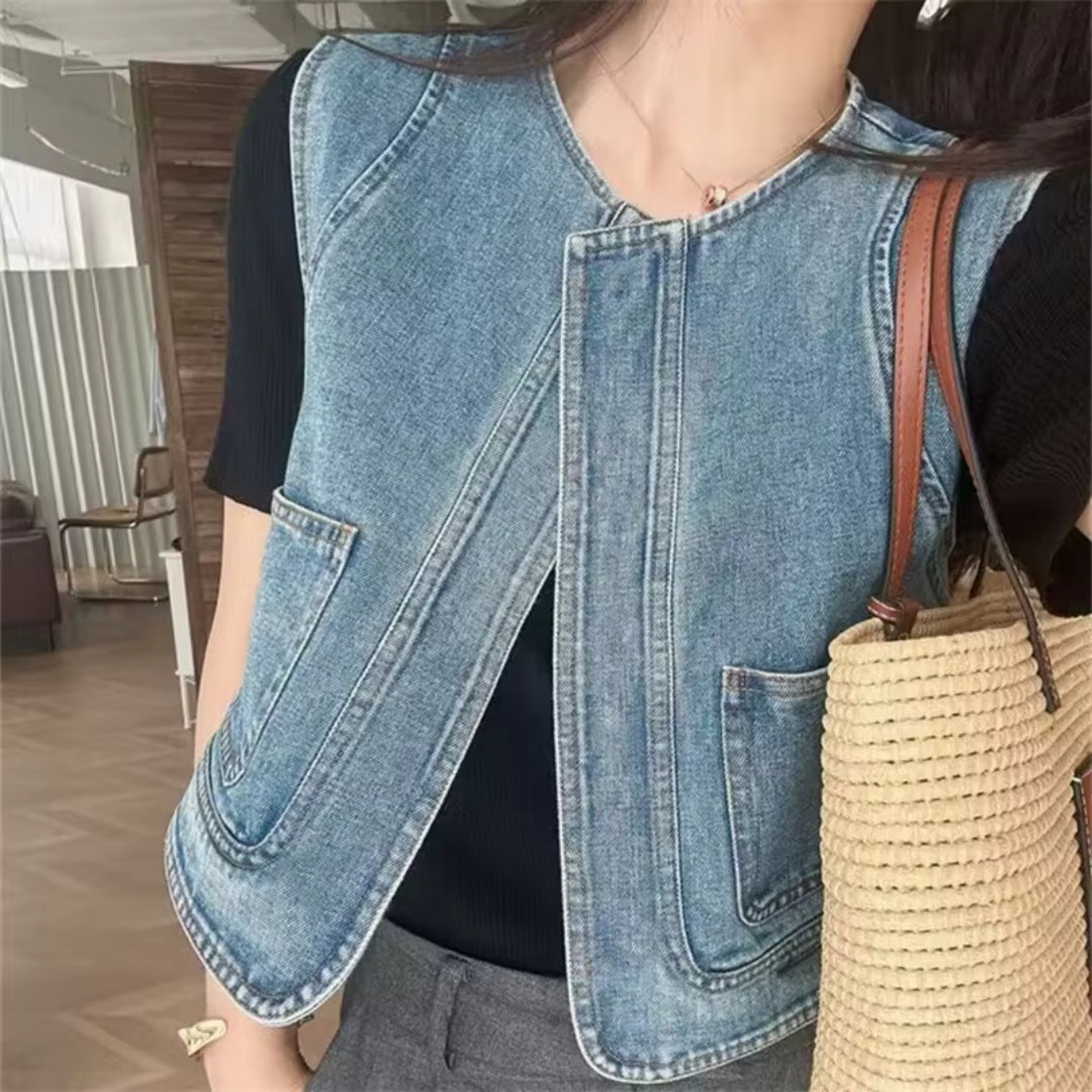 デニムベストレディース服ノースリーブラウンドネックポケットカジュアルトップチョッキストリートファッションベスト女性のための 2026 春夏