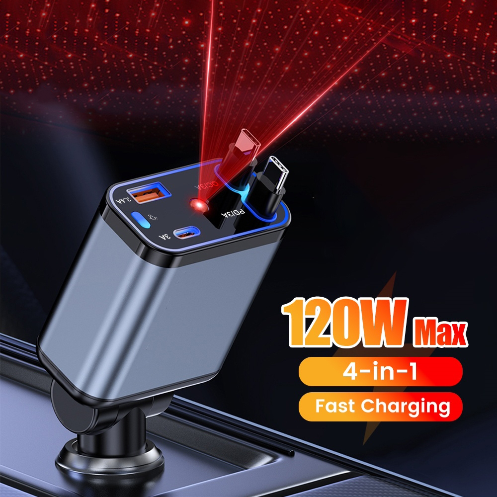 120 ワット格納式車の充電器急速充電器 USB PD3​​0W 電源アダプタ 4-in-1 電話充電器屋根スターライト IOS Android 電話用