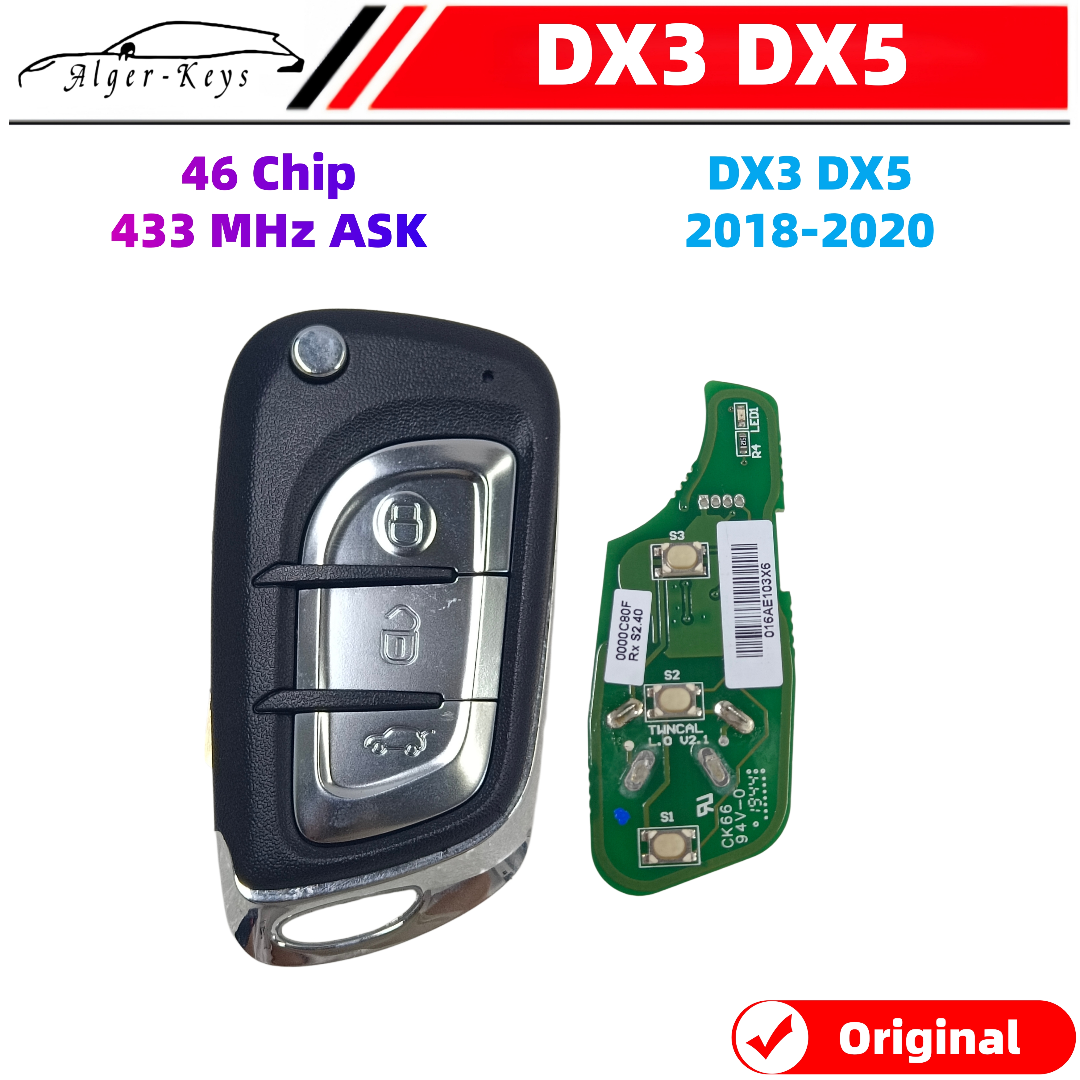 Algernon-keys OEM オリジナルリモコン 2018-2020 DX3 DX5 フリップリモート 3 Bttuons 433Mhz ASK 46 チップ
