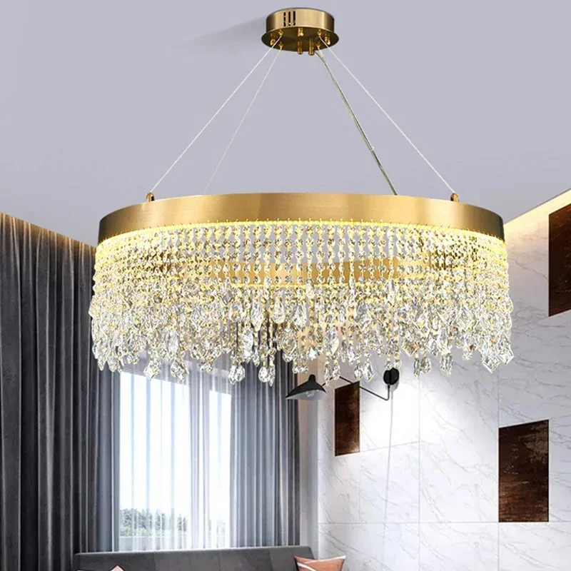 現代のクリアクリスタル天井シャンデリア高級リビングダイニングルーム LED ペンダントランプサークルハンギングライト光沢ホーム