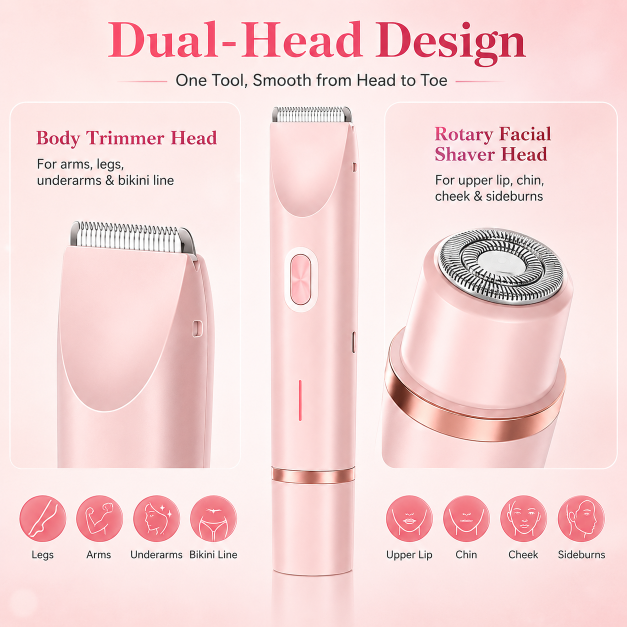 2-in-1 女性用電動トリマー、デュアルヘッド付き充電式 USB リチウム電池ボディヘアリムーバー、顔のディテールシェーバー、腕、脚、脇の下、太もも、日常用のビキニライングルーミングツール