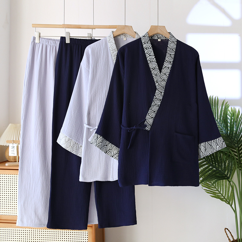 リップルスプライシング着物ローブ長ズボン付き2ピースメンズパジャマ服薄いスタイル汗蒸し綿ローブ男性用