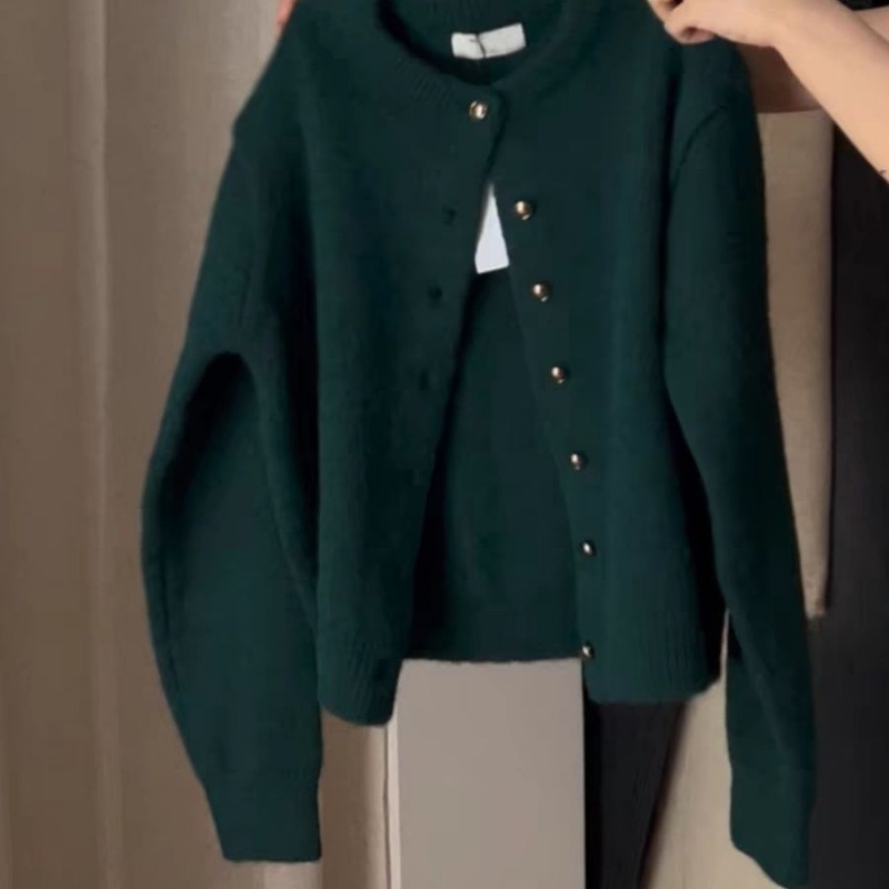 レトロ怠惰なスタイルダークグリーンラウンドネック長袖ニットカーディガンセーター女性の秋と冬のコートトップ