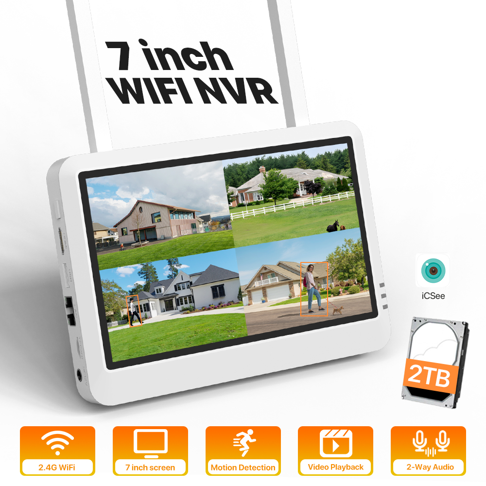 7 インチ画面 6MP/8CH ワイヤレス NVR レコーダーセキュリティカメラ WIFI システムモニターサポート人体検出オーディオ ICSEE