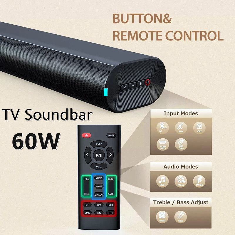 テレビサウンドバー、低音付きホームシアター、3DサラウンドサウンドシステムBluetoothスピーカー、リモコン付き、AUX/光/USBドライブをサポート