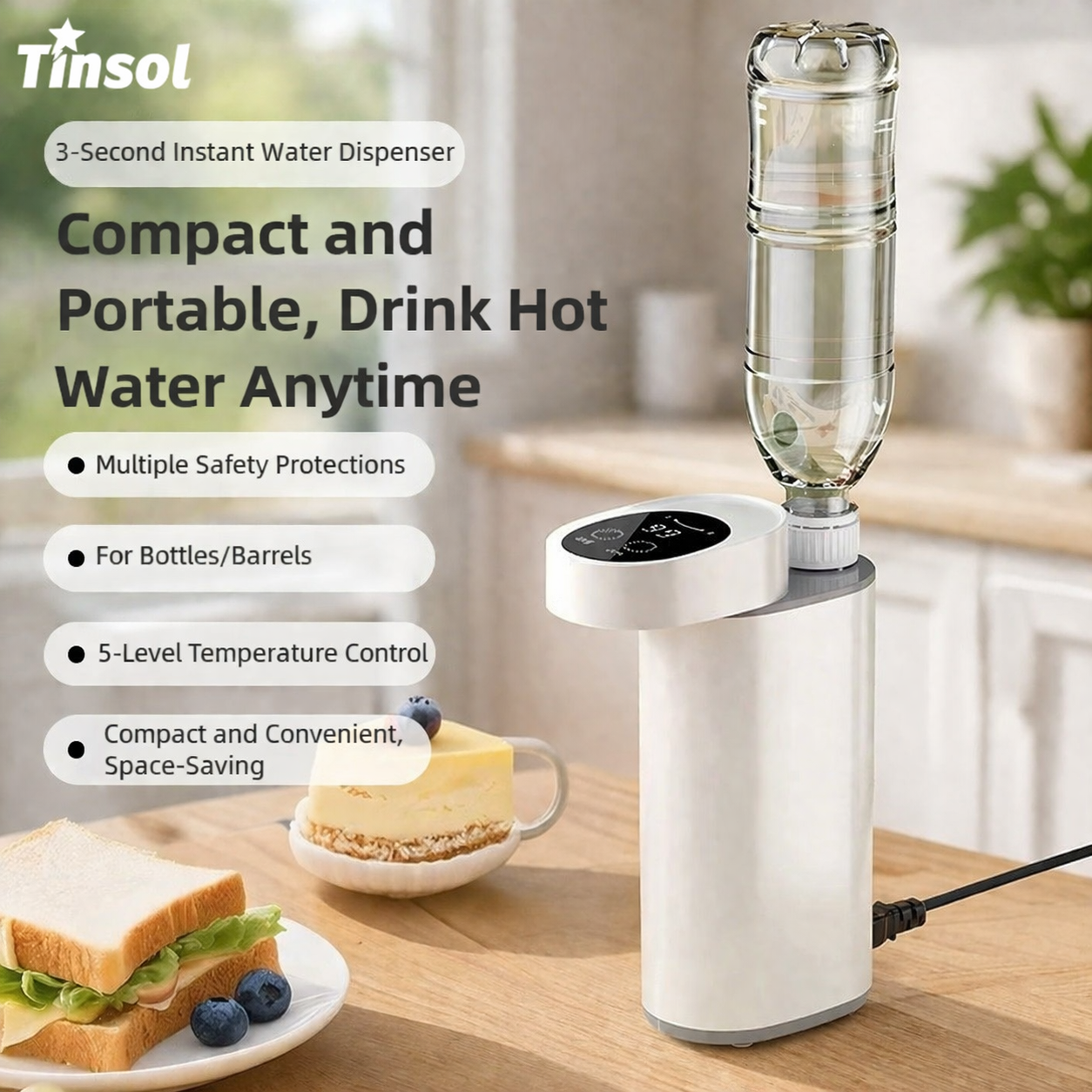 TINSOL 新しい 2000 ワット瞬間湯沸かし器、 3 秒の急速加熱、ポータブルホームデスクトップ瞬間湯沸かし器、 5 段階調整付き