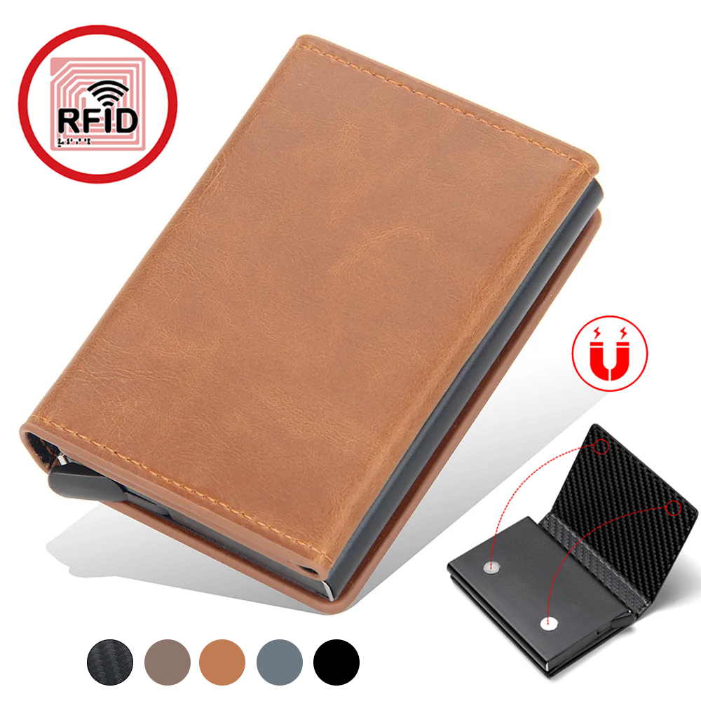 2024 マグネット抗 Rfid ブロッキング ID クレジットカードホルダーケース男性用レザー ID 銀行財布磁気バックルクローザーカードホルダー