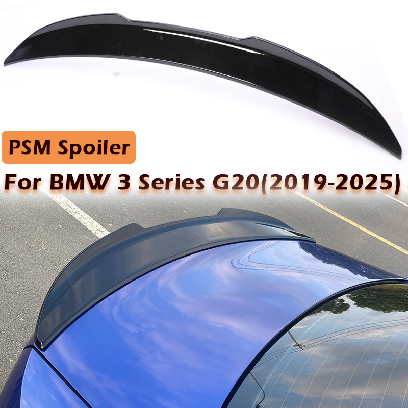 カーボンファイバープリントルックリアバンパートランクブーツスポイラーリップ PSM スタイルスリムウイングキット BMW 3 シリーズ G20 2020 グロスブラック