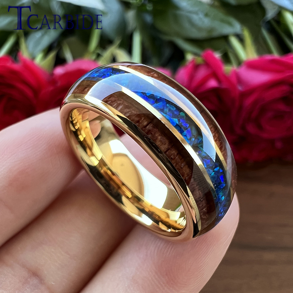 ドロップシッピング 8 ミリメートル素敵な結婚指輪ゴールドタングステンオパールリング木製象嵌高級ギフトジュエリー高 Quatliy コンフォートフィット