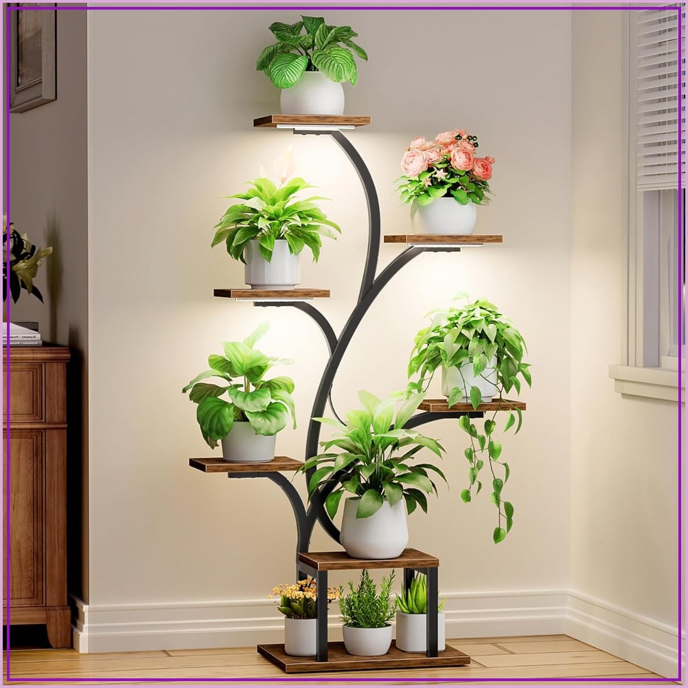 7段植物スタンド 成長ライト付き、屋内植物用49インチコーナーシェルフ、ホームパティオ用金属製ツリー型ディスプレイラック